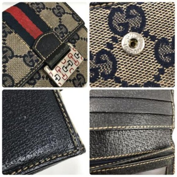 Authentic GUCCI Bifold Wallet Card Coin Case Purse Brown Navy With Box - Picture 8 of 10